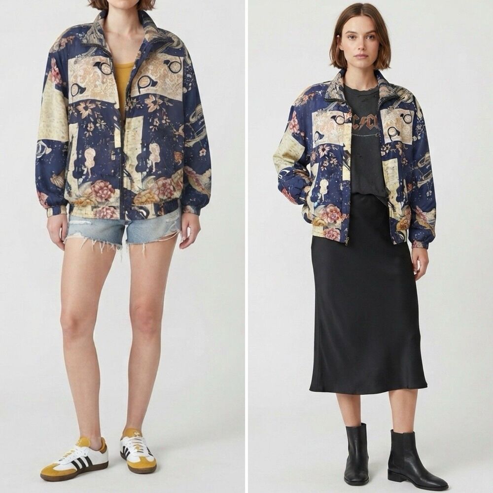 VTG 80s 90s Kim Rogers Sport 100% Silk Musical Instruments Print Bomber Jacket M - Picture 2 of 9